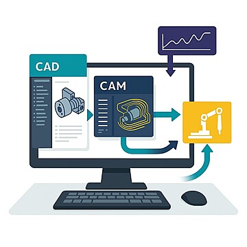 NX interface showing CAD-to-CAM workflows with simulation panels and visual process arrows on a clean white background.